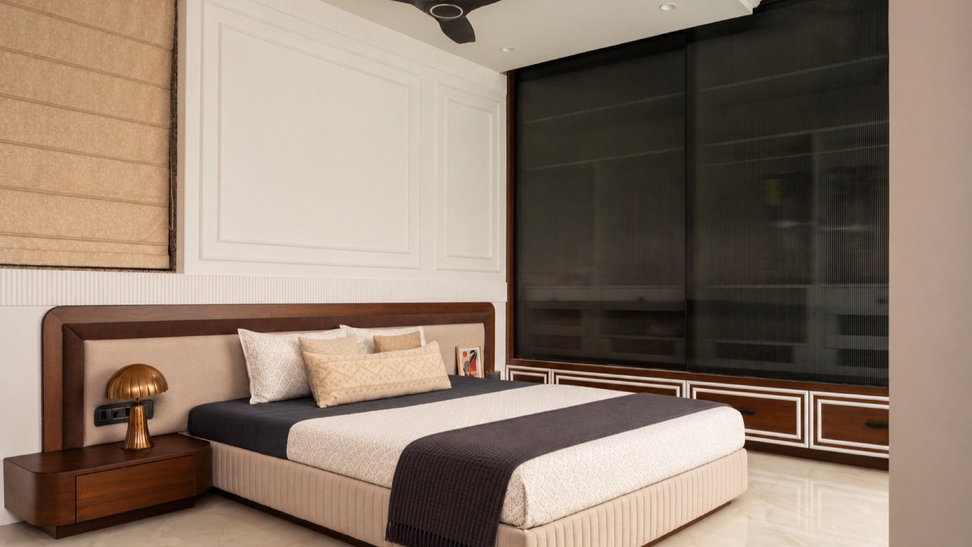 Master bedroom with layered timber, soft textiles and coordinated lighting — The Flamingo, Shirur